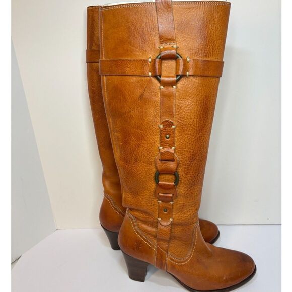 Frye Fiona Light Brown Leather Loop Knee High Boots Heeled Womens - Picture 3 of 11